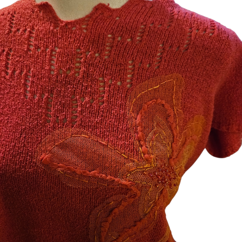 Susan Bristol Coral and Mustard Short Sleeve Tee Size Large - Picture 5 of 6